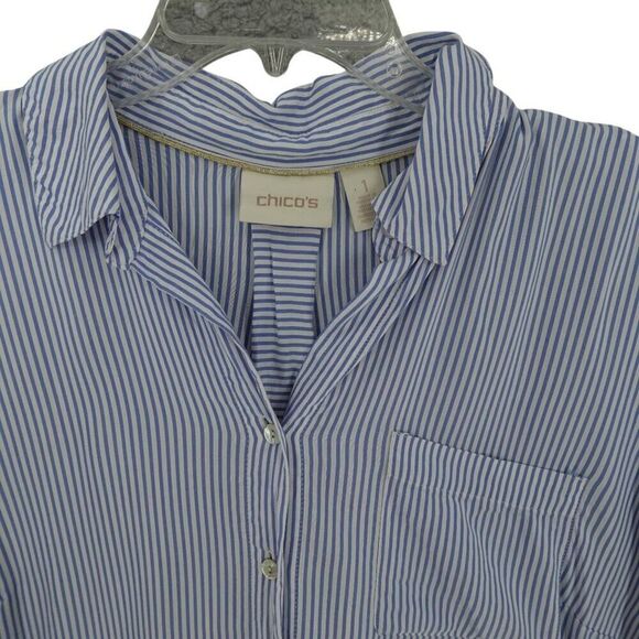 Chico's Blue Striped High-Low Long Sleeve Tunic Shirt - Picture 4 of 14